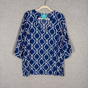 Escapada Tunic Top Large Navy White Bell Flare Sleeve Cover Up Resort Cruise